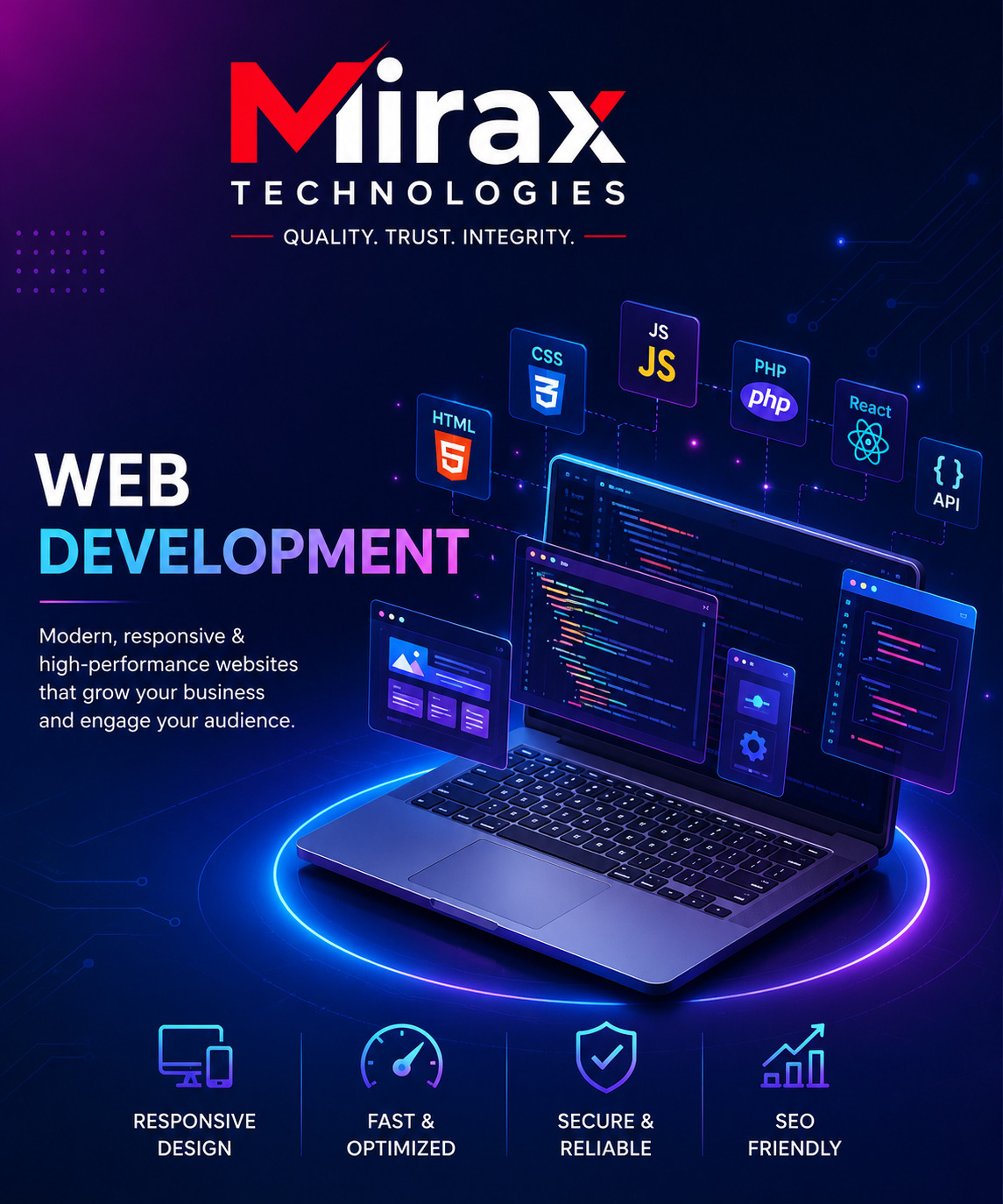 Custom web development services with secure, scalable, and high-performing solutions by Mirax Technologies
